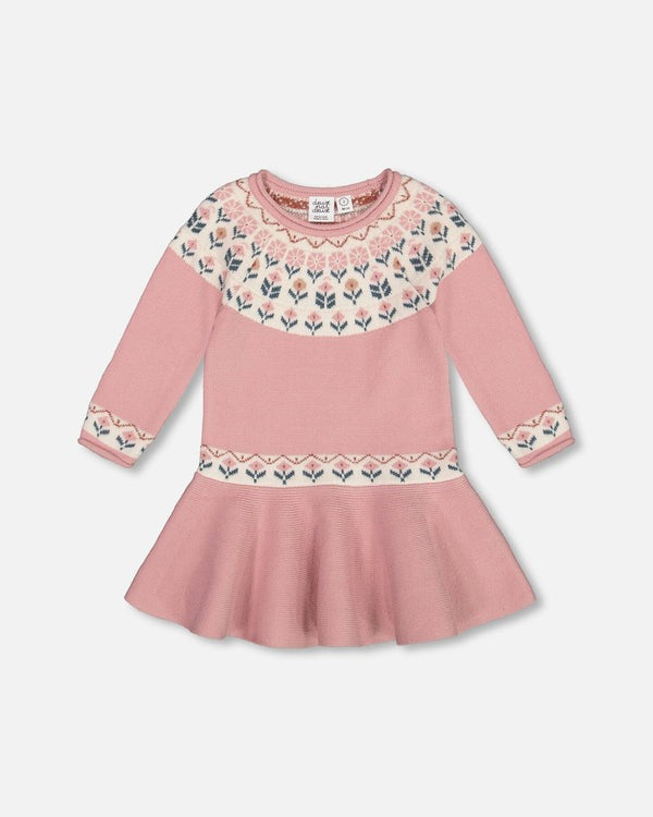 Deux par Deux - Knit Dress with Round Intarsia Flowers Light Pink