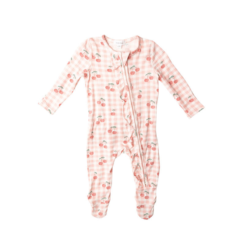 Sweet Cherry Applique Pink Ruffle Footie