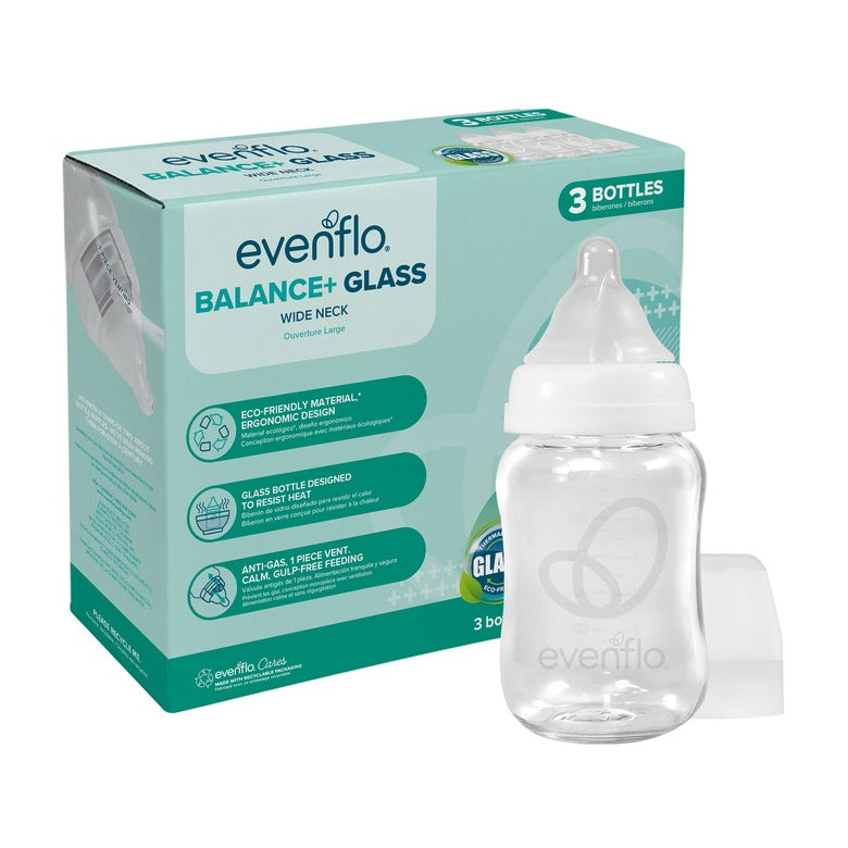 Balance + Glass, Wide Neck Baby Bottles - 6oz - 3 Pack Bottles & Sippy Cups Evenflo Feeding