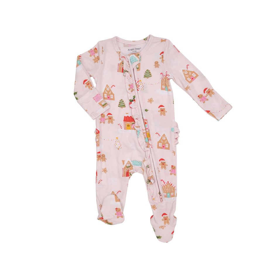 Gingerbread Village Pink Ruffle Zipper Footie