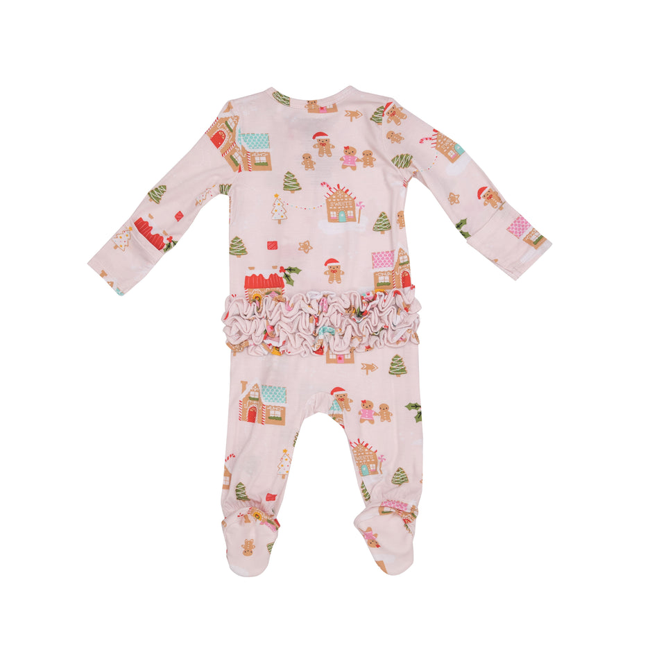 Gingerbread Village Pink Ruffle Zipper Footie