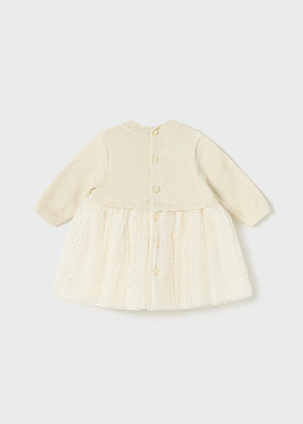 Mayoral Champagne Pleated Knit Tulle Dress - 1-2 Months
