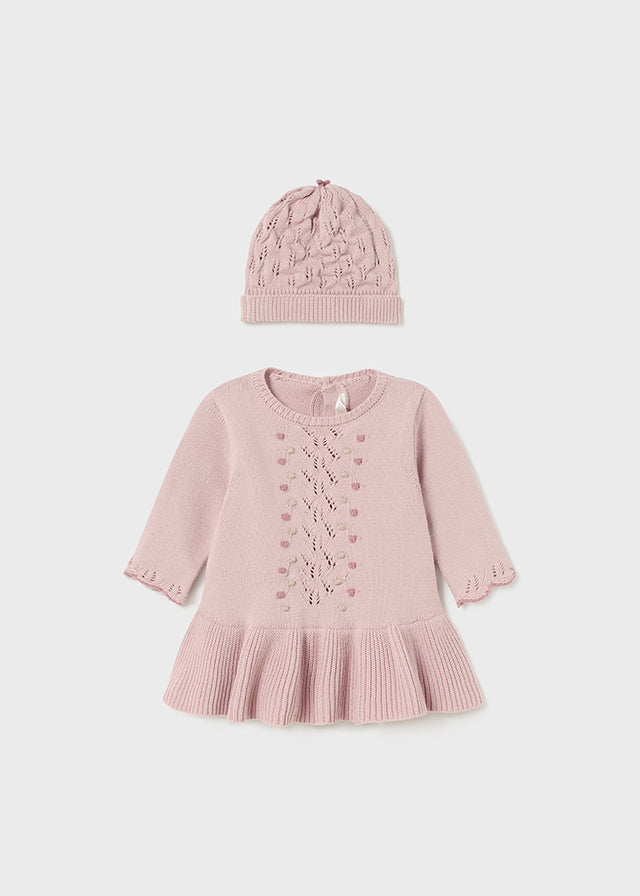 Mayoral Sugar Pink Newborn Girl Knit Dress with Hat - 18 Months