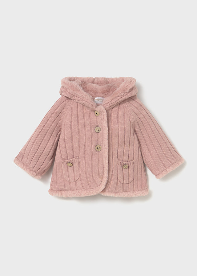Newborn Girl Knit Pom Jacket with Faux Fur