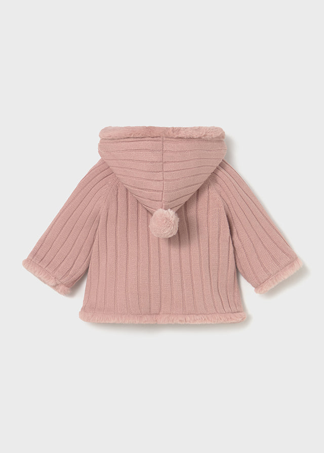 Newborn Girl Knit Pom Jacket with Faux Fur
