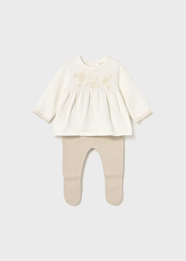 Newborn Girl Cream & Beige Pants and Sweater Set Clothing - Infant Mayoral