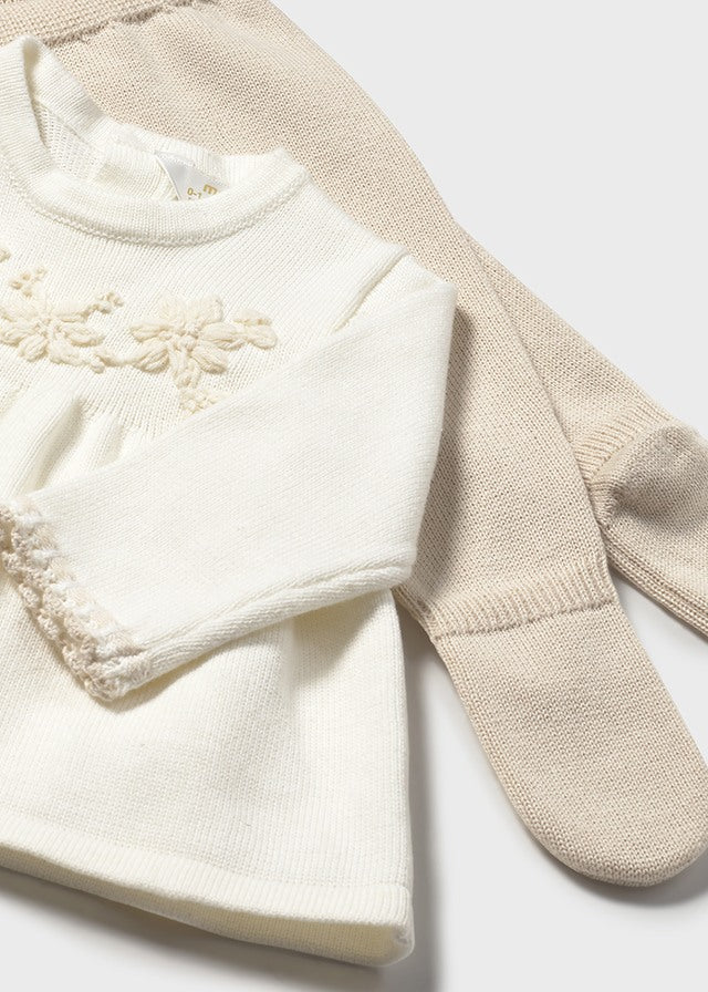 Newborn Girl Cream & Beige Pants and Sweater Set Clothing - Infant Mayoral