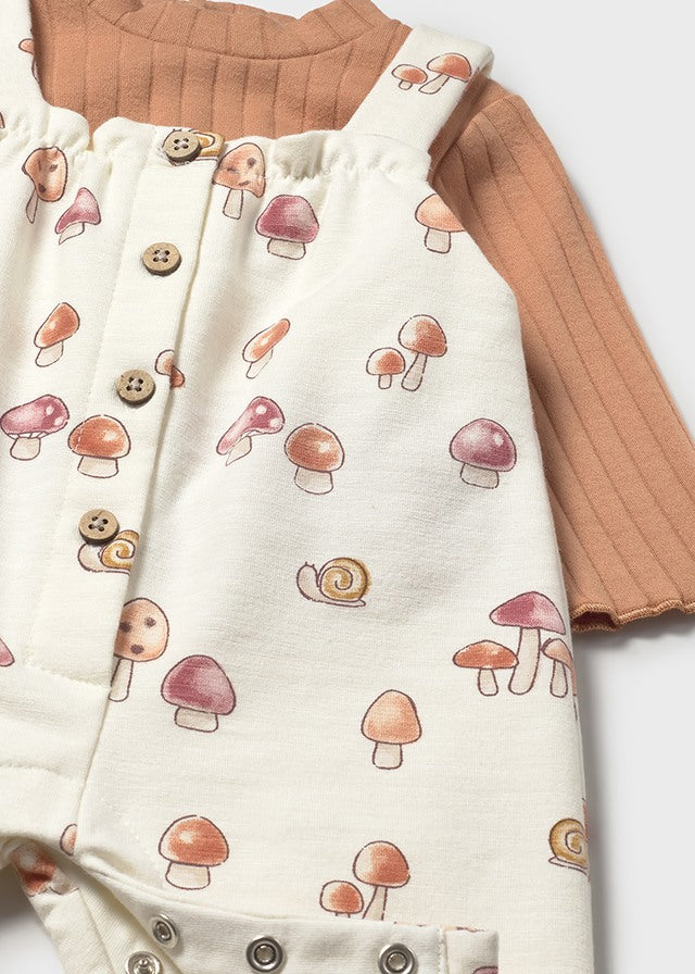 Newborn Girl Dungaree with Mushroom Print and T-Shirt Set