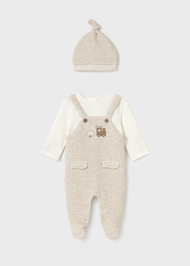 Newborn Boy Beige & Cream One Piece with Hat