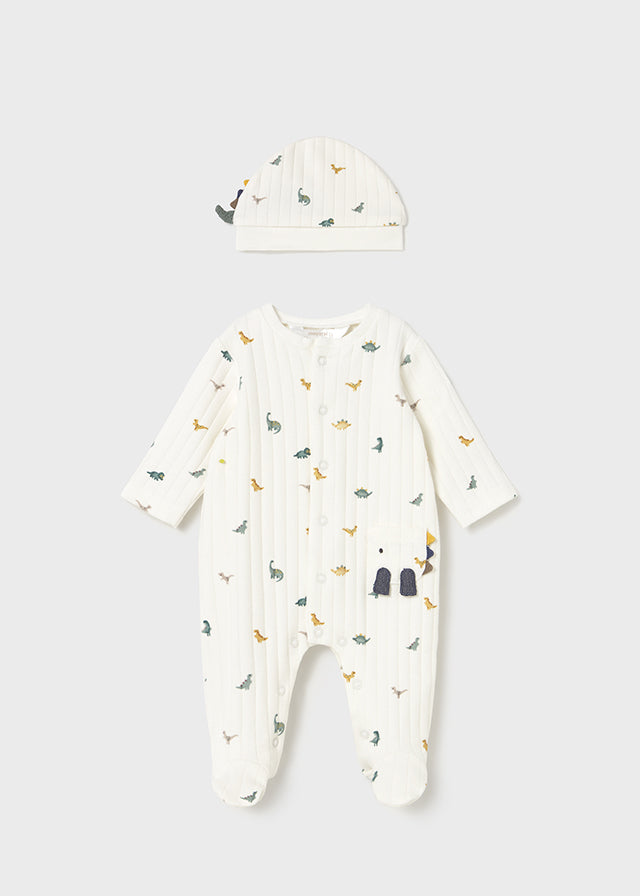 Newborn Boy Cream Dino Snap Footie One Piece with Hat Footies Mayoral