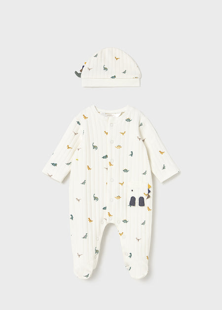 Newborn Boy Cream Dino Snap Footie One Piece with Hat Footies Mayoral