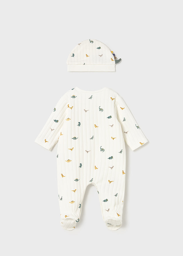 Newborn Boy Cream Dino Snap Footie One Piece with Hat Footies Mayoral