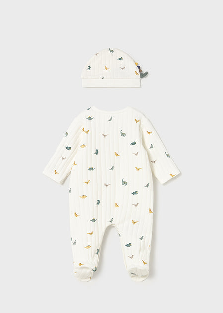 Newborn Boy Cream Dino Snap Footie One Piece with Hat Footies Mayoral