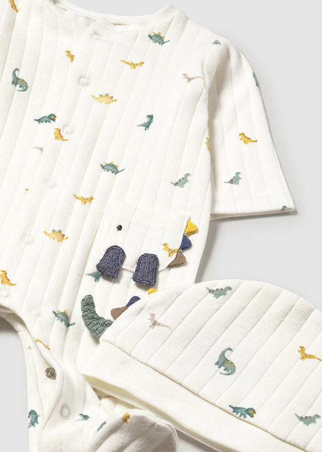 Newborn Boy Cream Dino Snap Footie One Piece with Hat