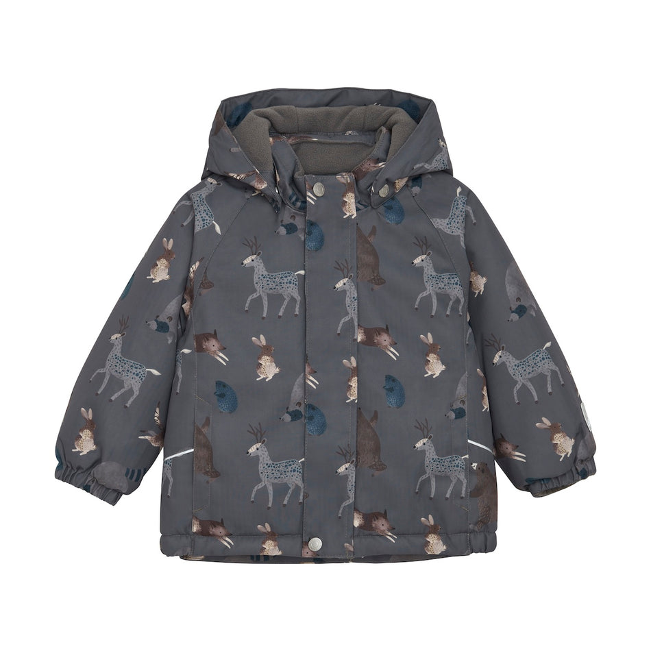 Boys’ Winter Jacket – Grey Woodland Animal Print, Waterproof & Breathable Snow Coat