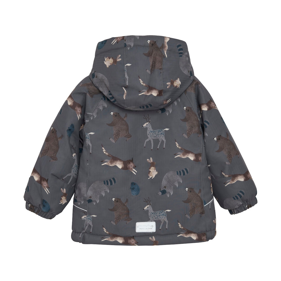 Boys’ Winter Jacket – Grey Woodland Animal Print, Waterproof & Breathable Snow Coat