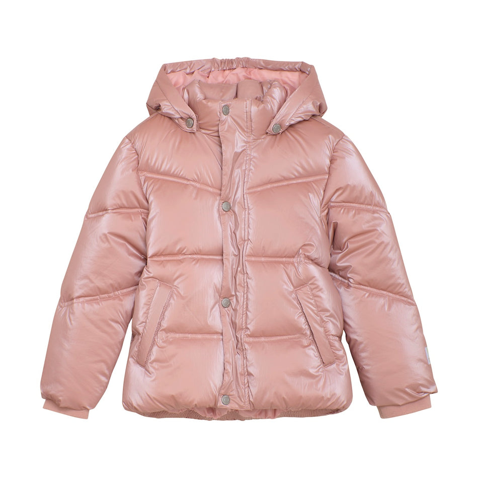 Kids Puffer Winter Jacket – Shiny Pink Quilted Coat with Removable Hood & Snow Cuffs