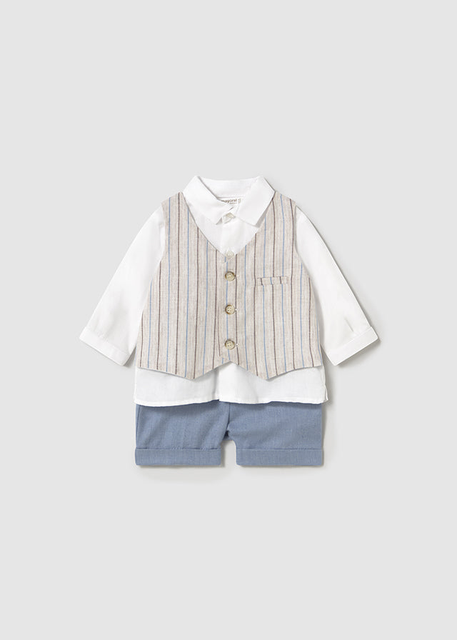 Newborn Navy & Linen Shorts and Shirt with Vest Set