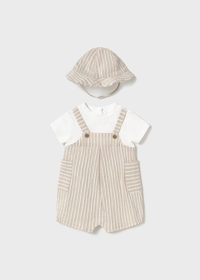 Newborn Striped Dungaree Romper with Hat