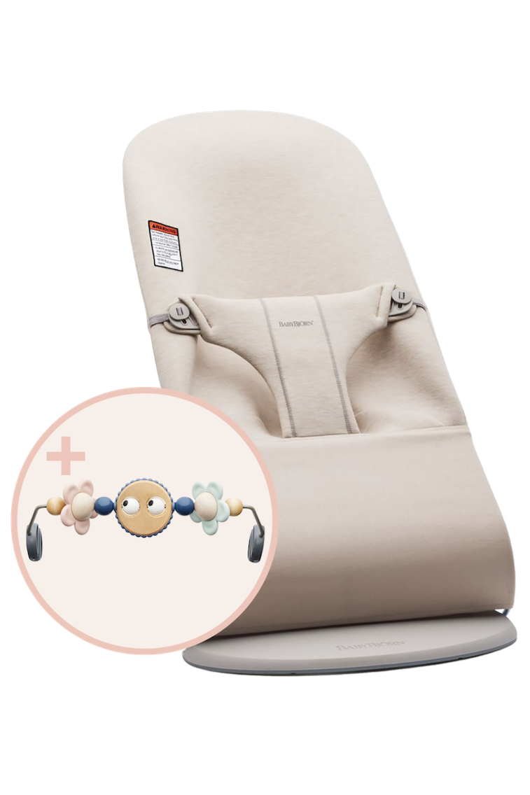 Bouncer Bliss 3D Jersey Cotton + Toy Bundle Baby Loungers Baby Bjorn Light Beige w/ Pastels Googly Eyes