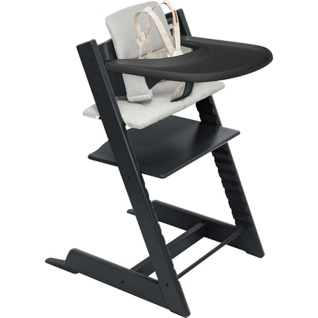 Tripp Trapp High Chair² with Cushion + Stokke Tray High Chairs Stokke Black + Nordic Grey Cushion, Black Tray