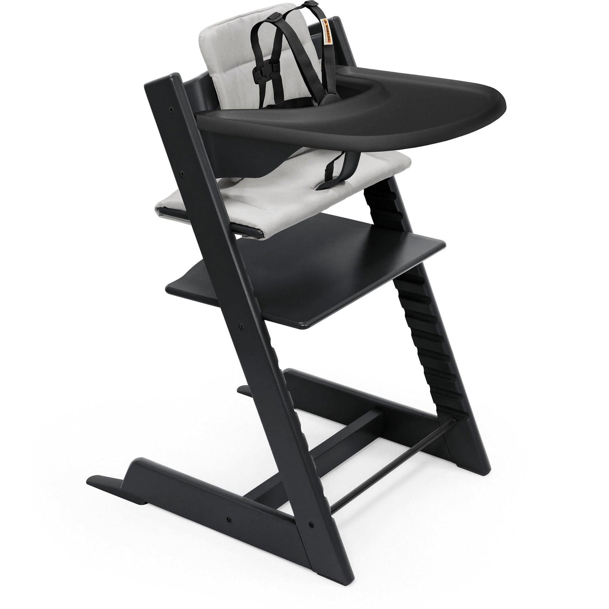 Tripp Trapp High Chair² with Cushion + Stokke Tray High Chairs Stokke Black + Anthracite Cushion, Black Tray
