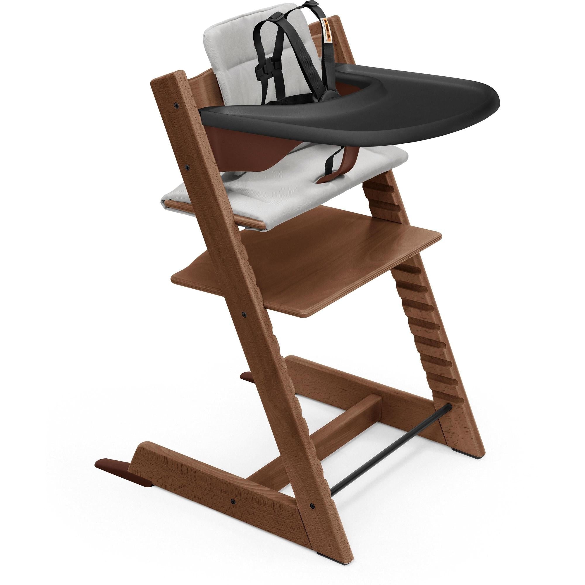 Tripp Trapp High Chair² with Cushion + Stokke Tray High Chairs Stokke Warm Brown + Anthracite Cushion, Black Tray