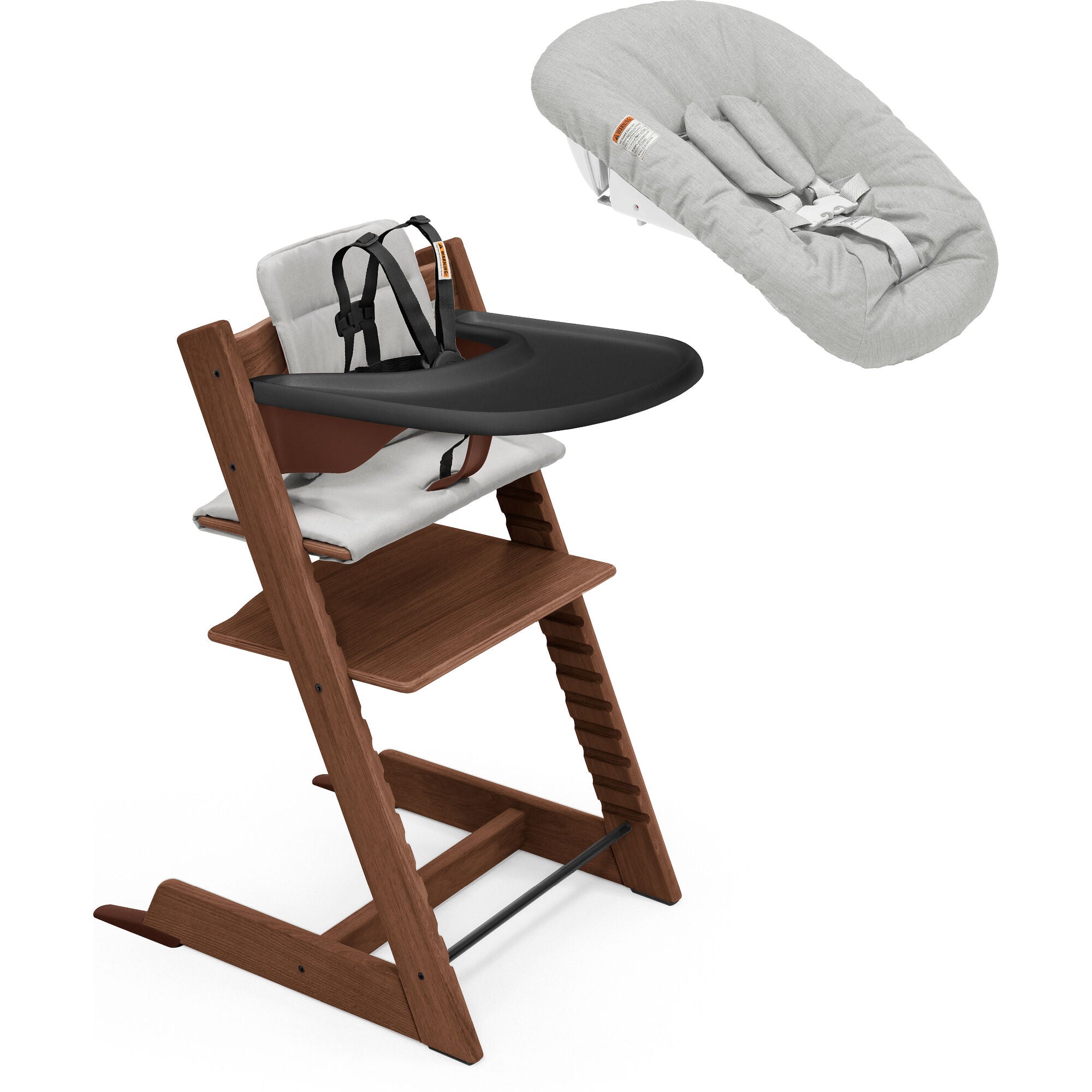 Tripp Trapp High Chair² with Cushion, Tray and Newborn Set High Chairs Stokke Oak Warm Brown + Anthracite Cushion, Black Tray & Newborn Set