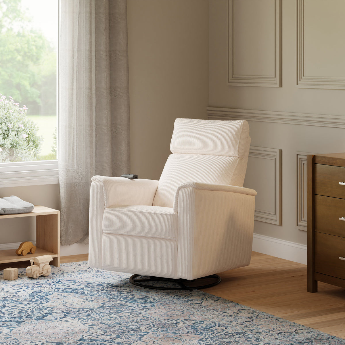 Monogram by Namesake Willa Deluxe Power Recliner and Swivel Glider with Heat + Massage | Ivory Corduroy Recliners Namesake Ivory Corduroy