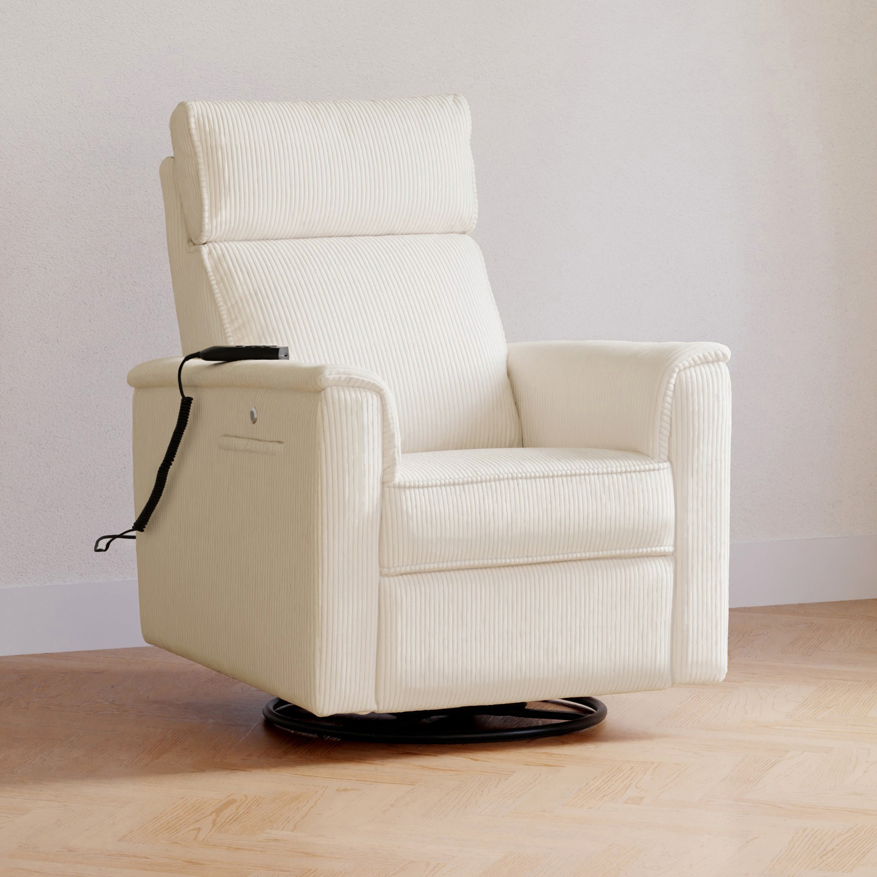 Monogram by Namesake Willa Deluxe Power Recliner and Swivel Glider with Heat + Massage | Ivory Corduroy Recliners Namesake