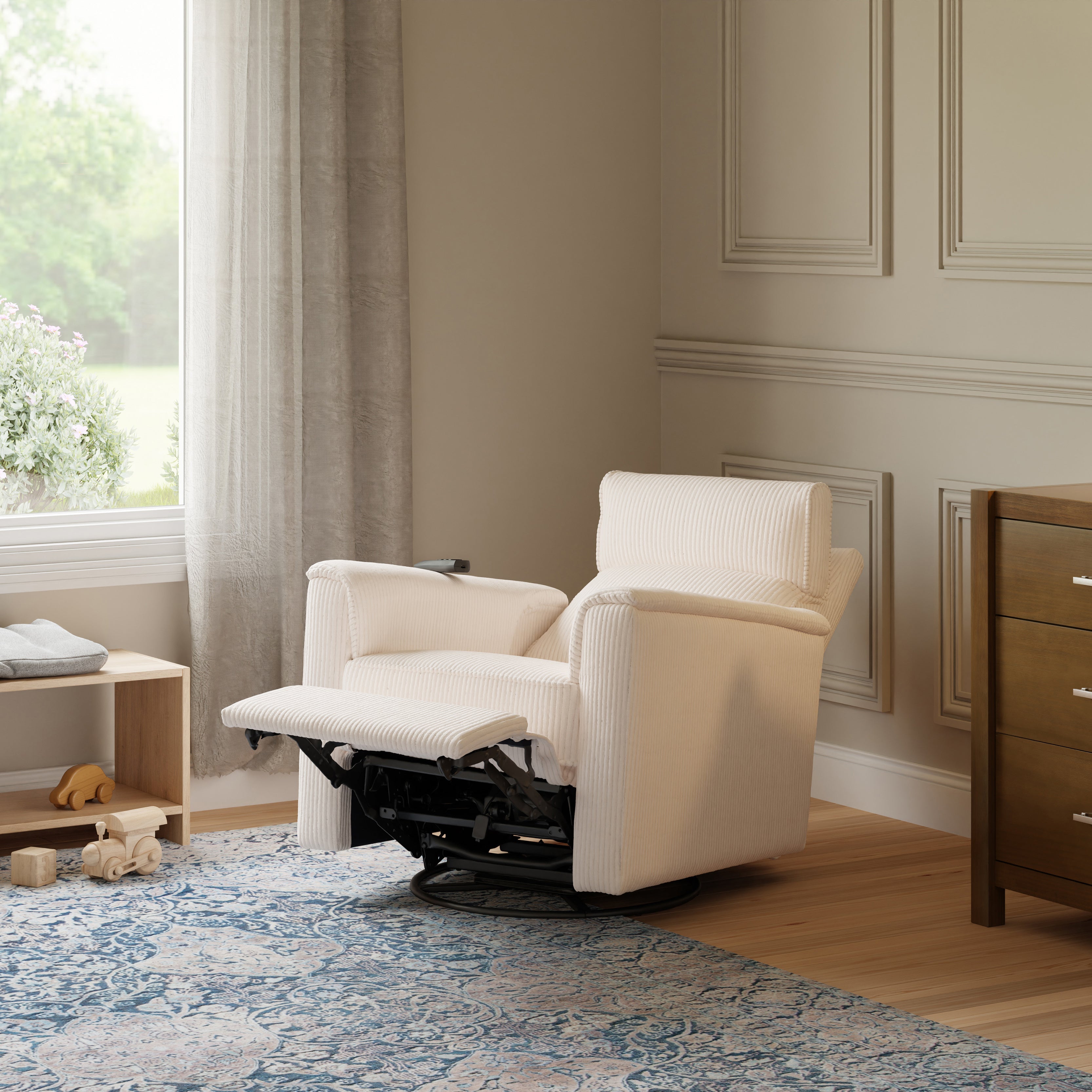 Monogram by Namesake Willa Deluxe Power Recliner and Swivel Glider with Heat + Massage | Ivory Corduroy Recliners Namesake