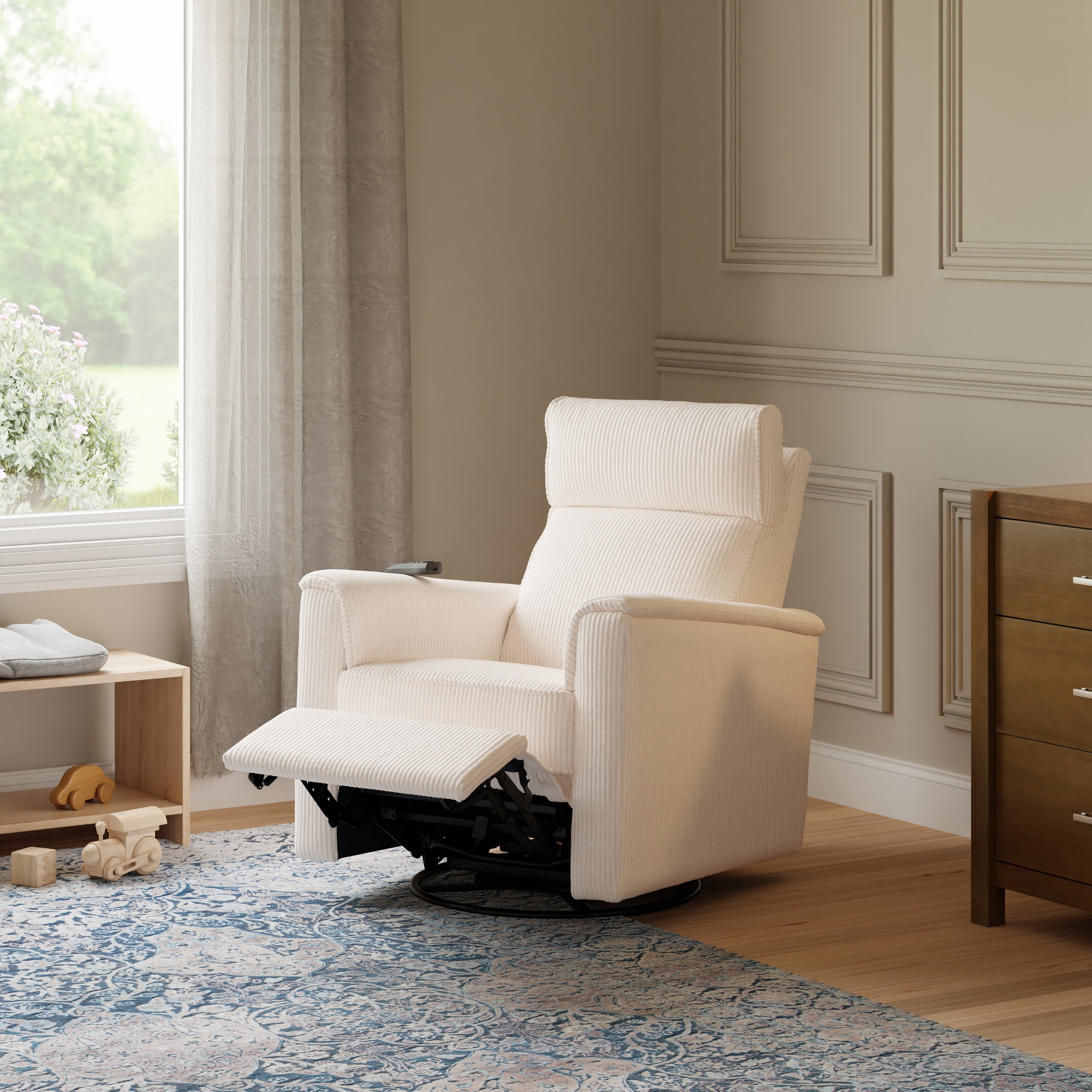 Monogram by Namesake Willa Deluxe Power Recliner and Swivel Glider with Heat + Massage | Ivory Corduroy Recliners Namesake