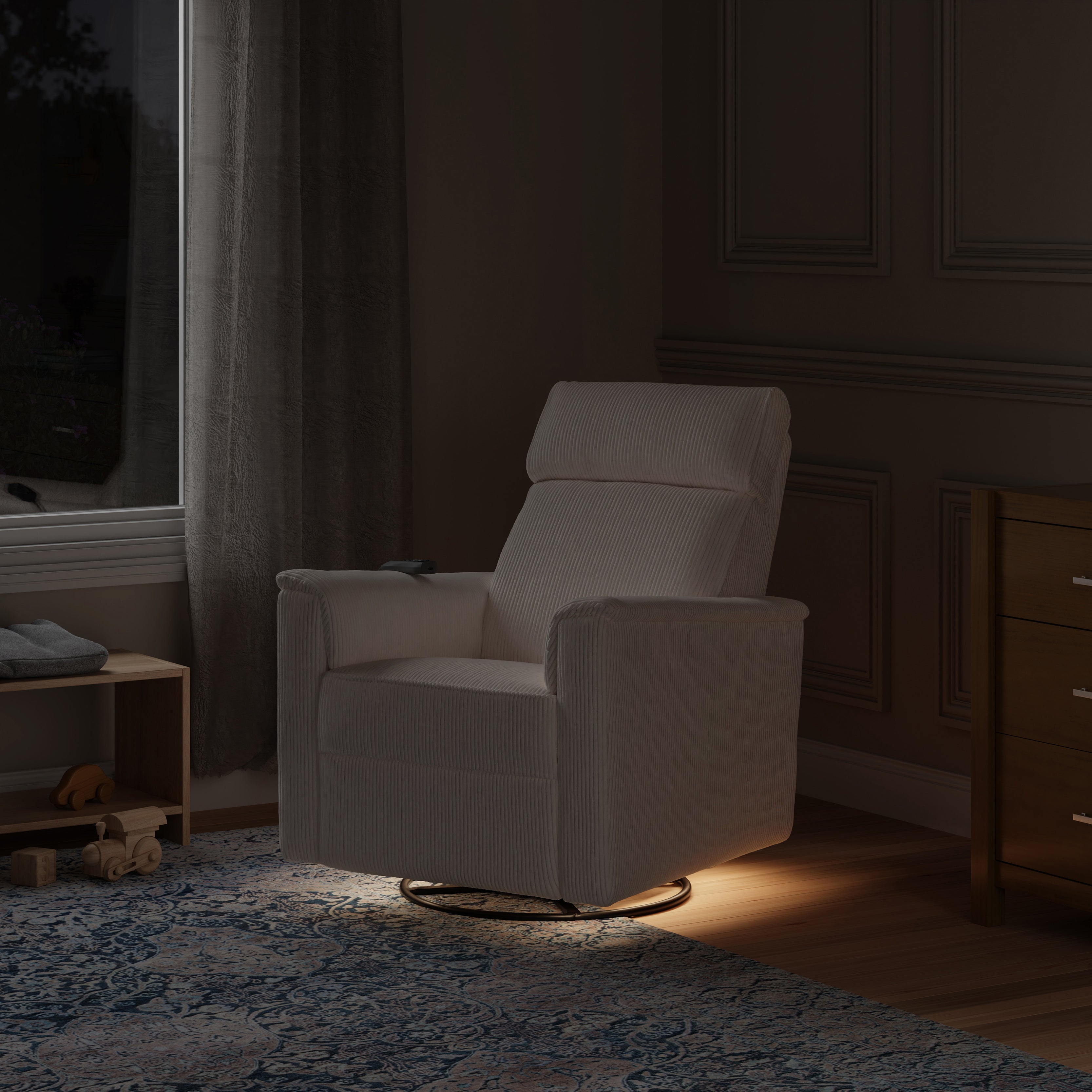 Monogram by Namesake Willa Deluxe Power Recliner and Swivel Glider with Heat + Massage | Ivory Corduroy Recliners Namesake