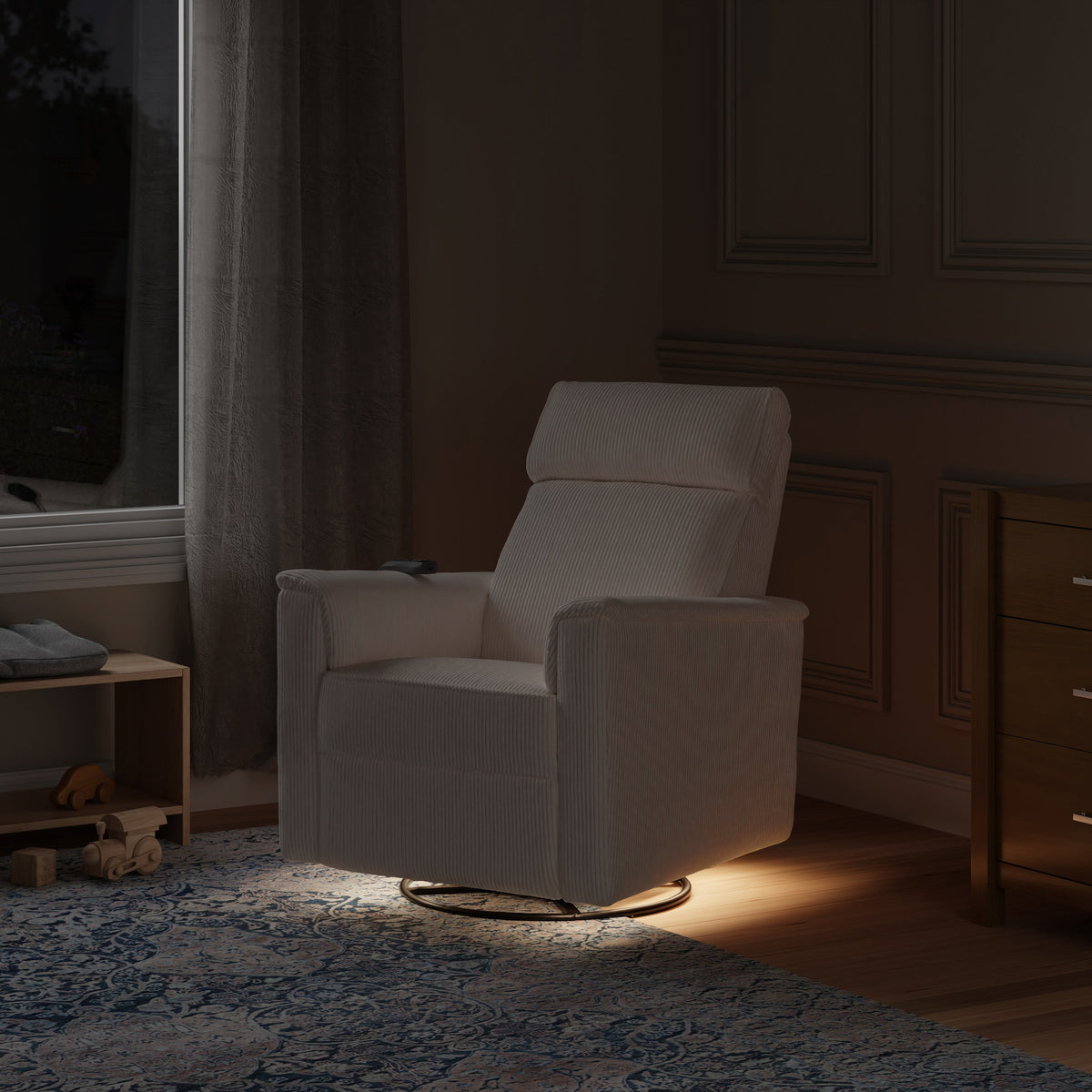 Monogram by Namesake Willa Deluxe Power Recliner and Swivel Glider with Heat + Massage | Ivory Corduroy Recliners Namesake