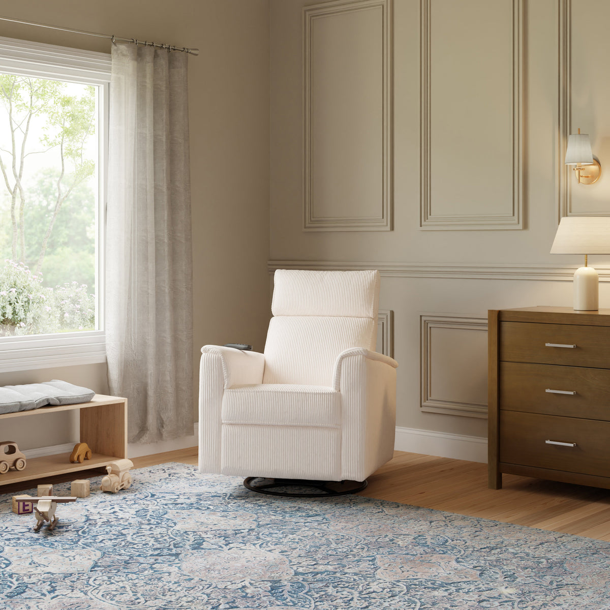 Monogram by Namesake Willa Deluxe Power Recliner and Swivel Glider with Heat + Massage | Ivory Corduroy Recliners Namesake