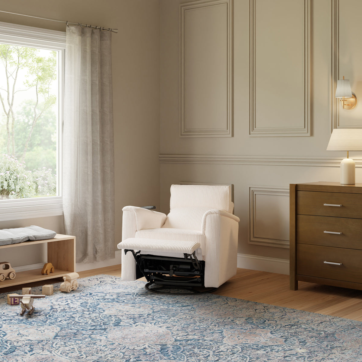 Monogram by Namesake Willa Deluxe Power Recliner and Swivel Glider with Heat + Massage | Ivory Corduroy Recliners Namesake