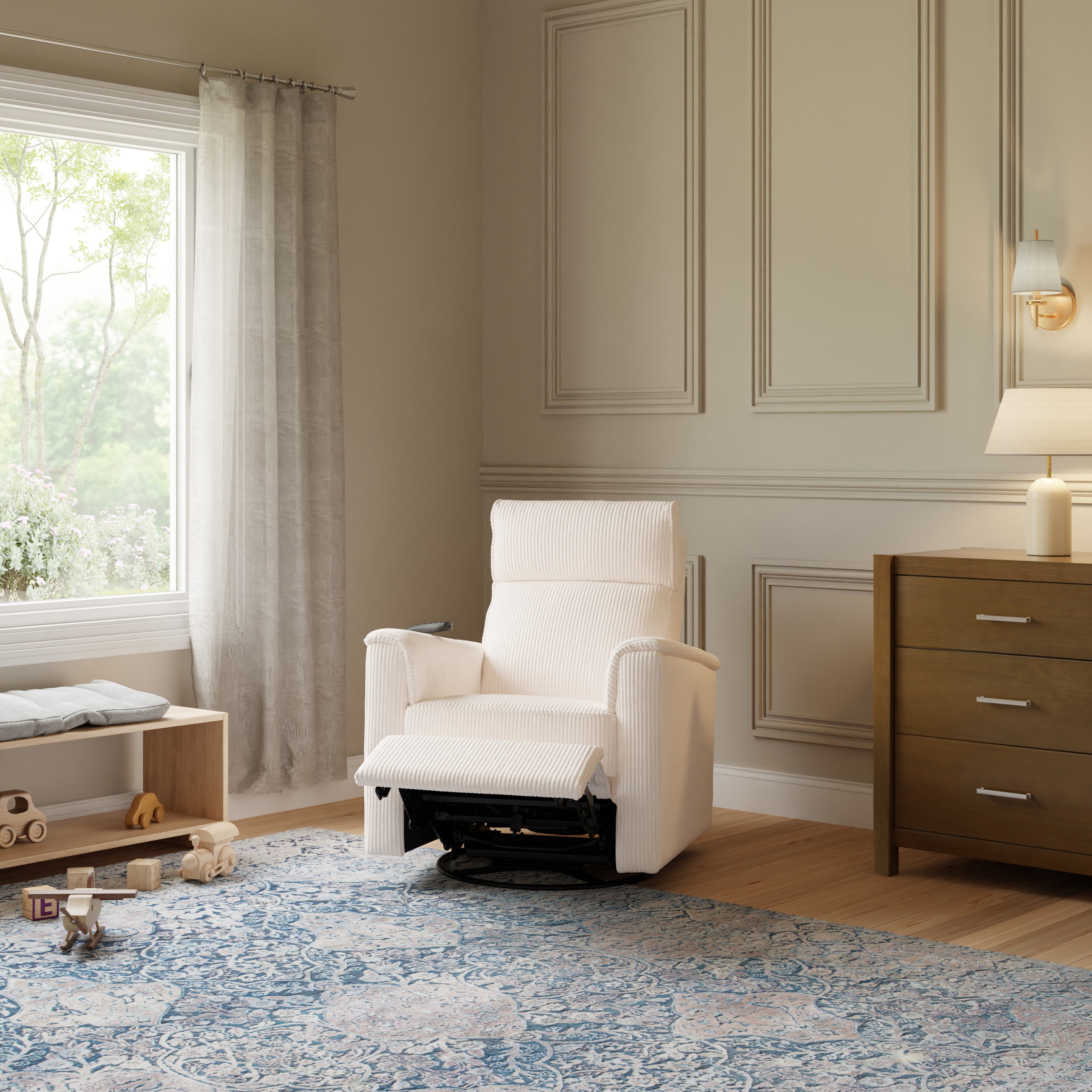Monogram by Namesake Willa Deluxe Power Recliner and Swivel Glider with Heat + Massage | Ivory Corduroy Recliners Namesake