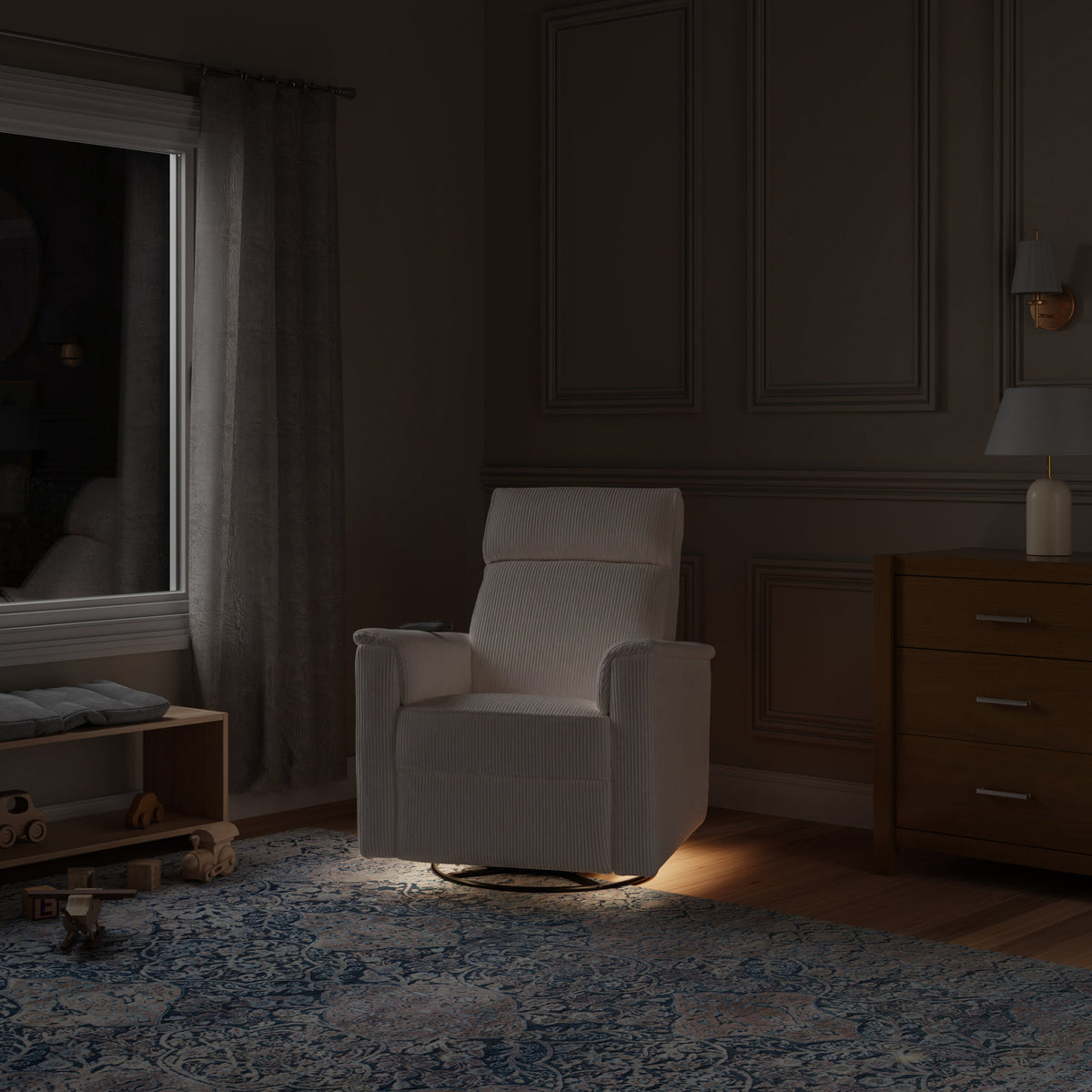 Monogram by Namesake Willa Deluxe Power Recliner and Swivel Glider with Heat + Massage | Ivory Corduroy Recliners Namesake