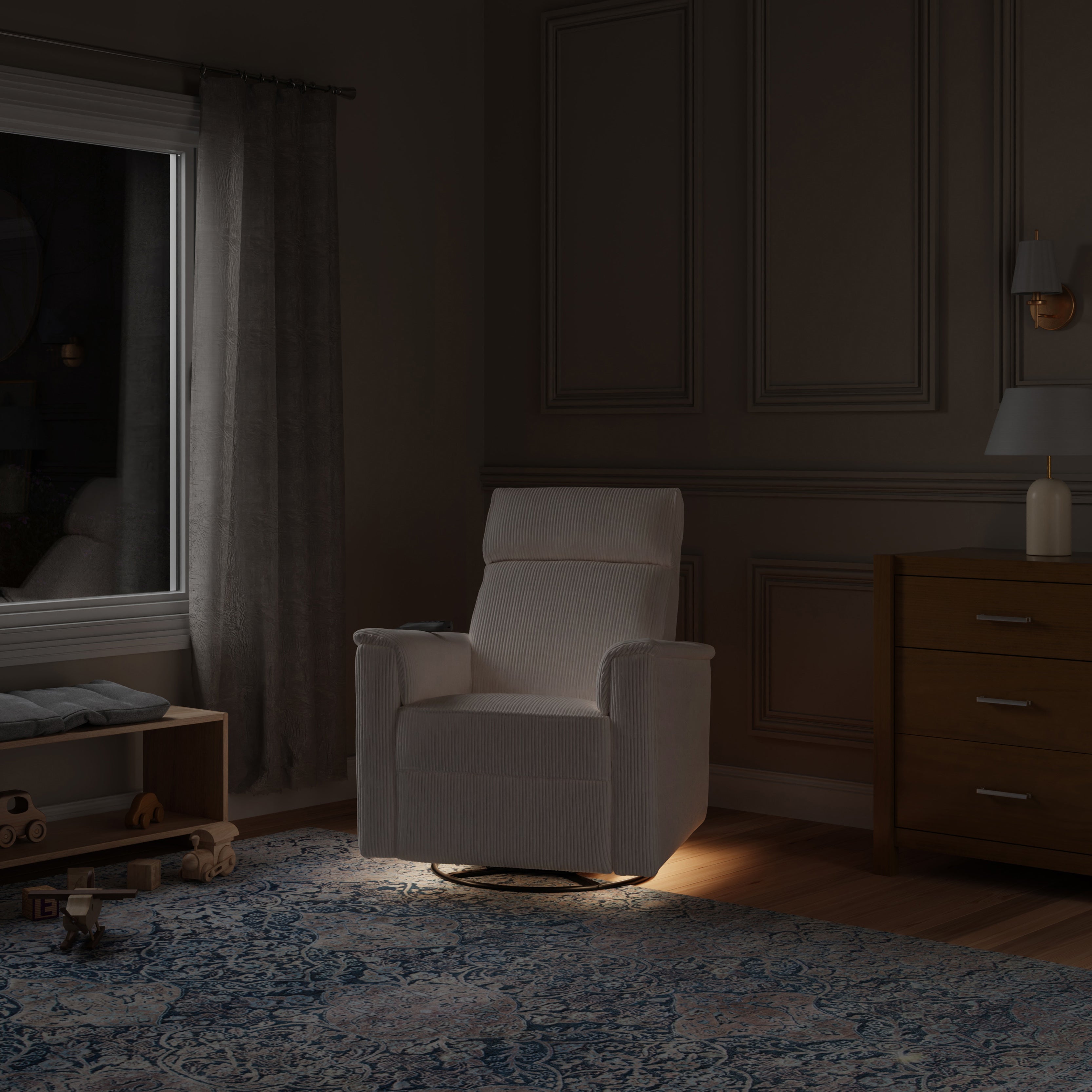 Monogram by Namesake Willa Deluxe Power Recliner and Swivel Glider with Heat + Massage | Ivory Corduroy Recliners Namesake