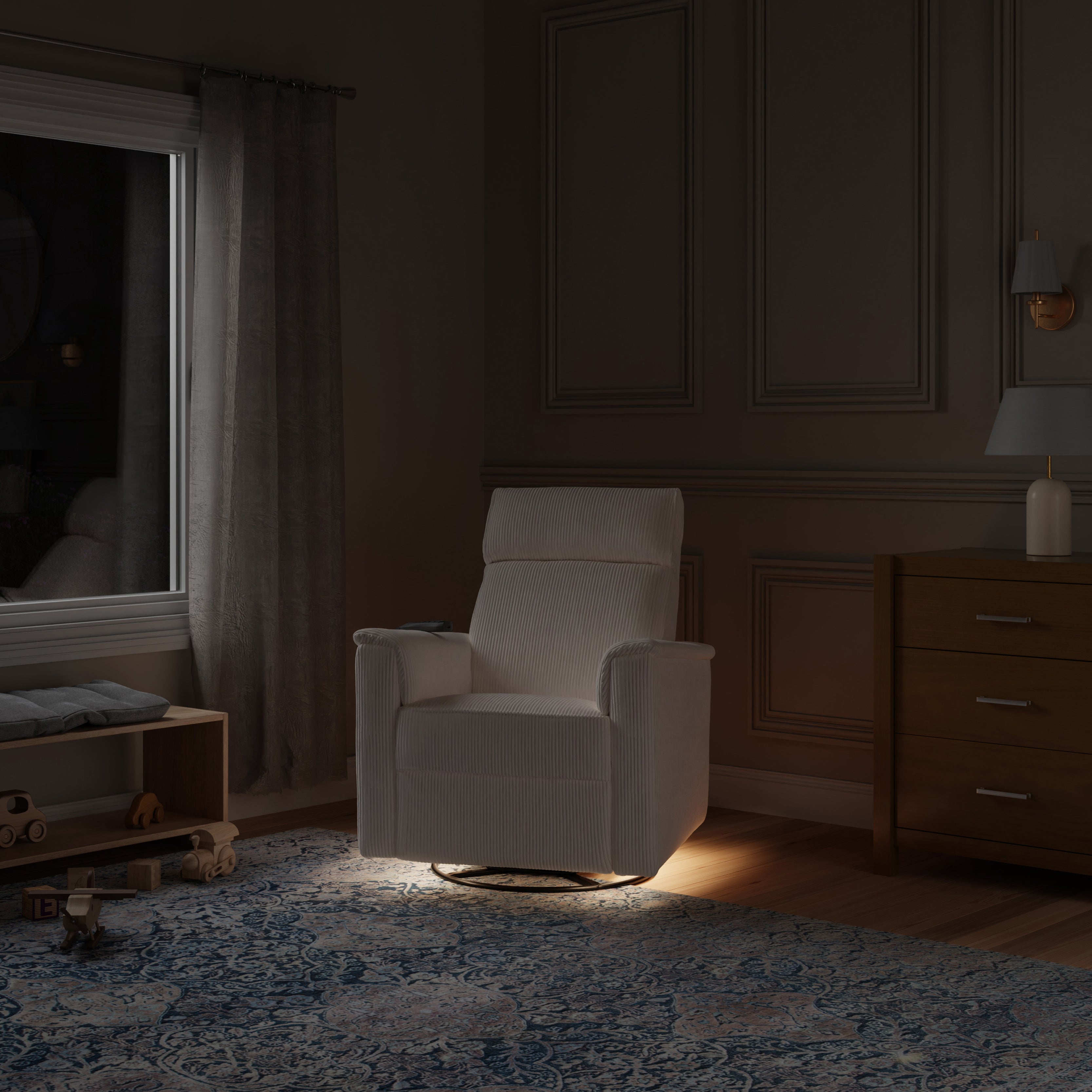 Monogram by Namesake Willa Deluxe Power Recliner and Swivel Glider with Heat + Massage | Ivory Corduroy Recliners Namesake