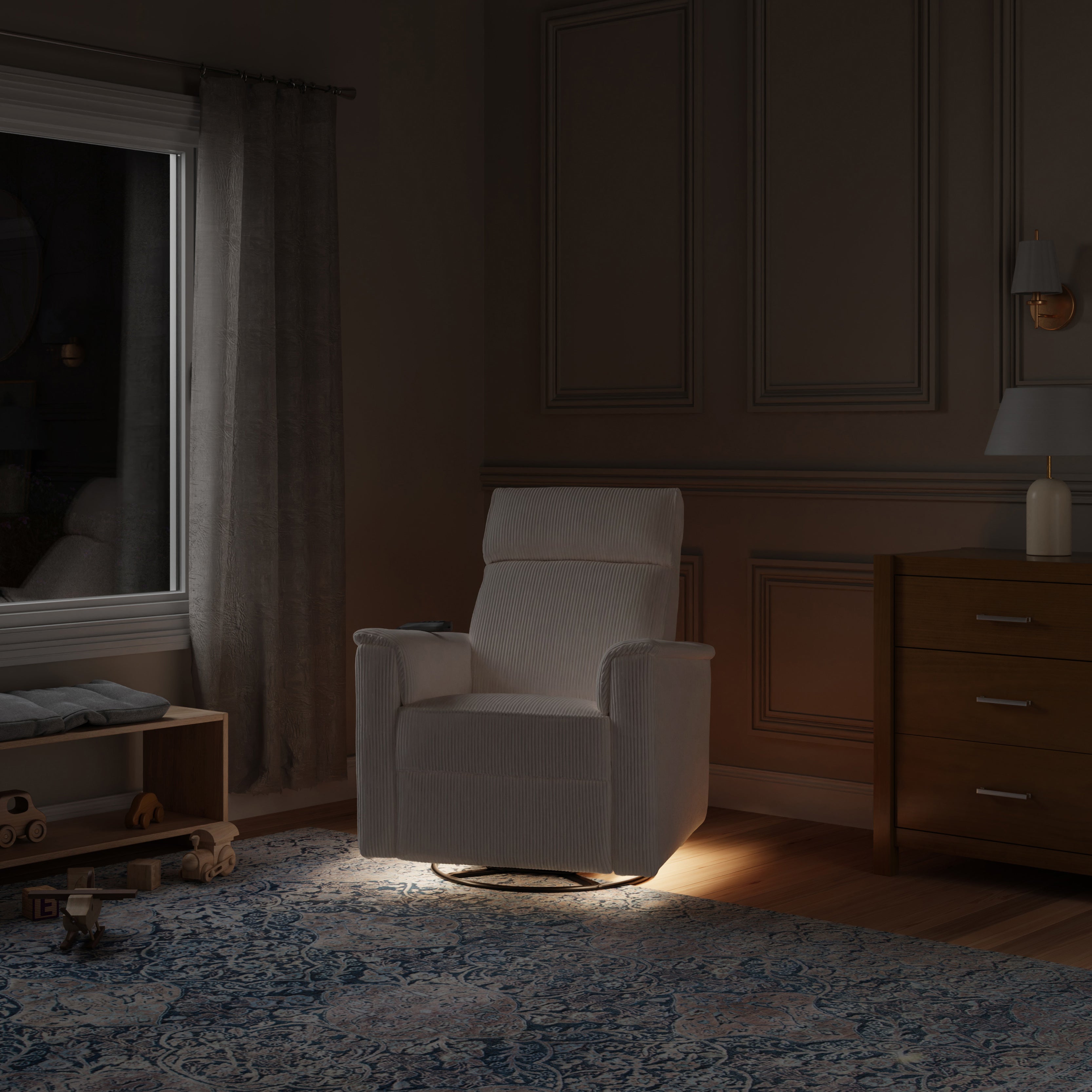 Monogram by Namesake Willa Deluxe Power Recliner and Swivel Glider with Heat + Massage | Ivory Corduroy Recliners Namesake