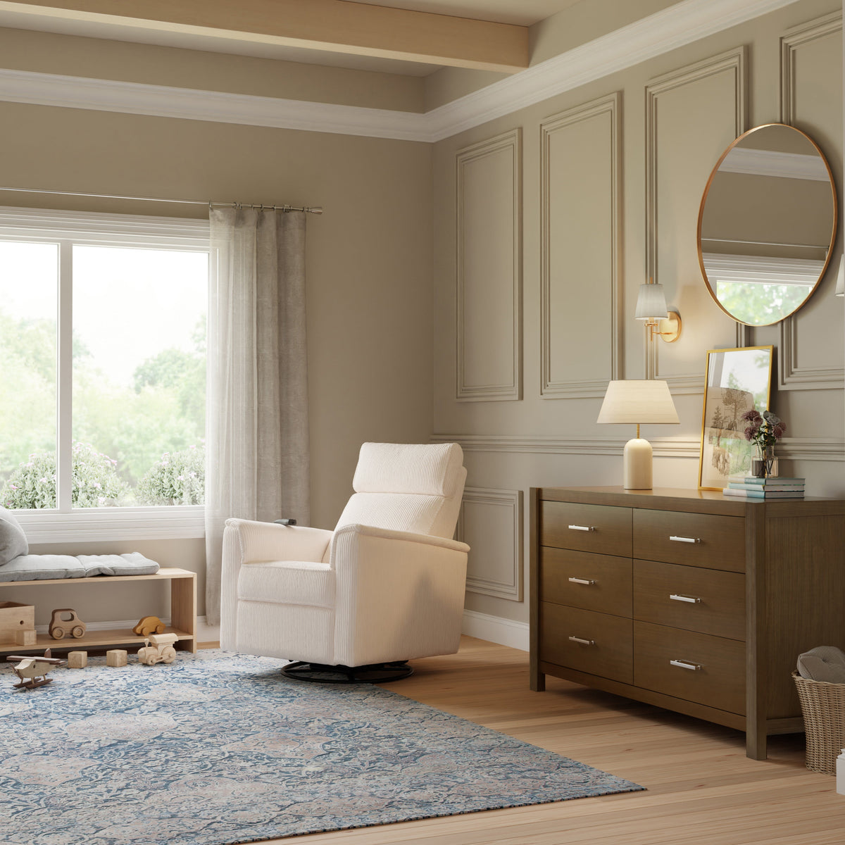Monogram by Namesake Willa Deluxe Power Recliner and Swivel Glider with Heat + Massage | Ivory Corduroy Recliners Namesake