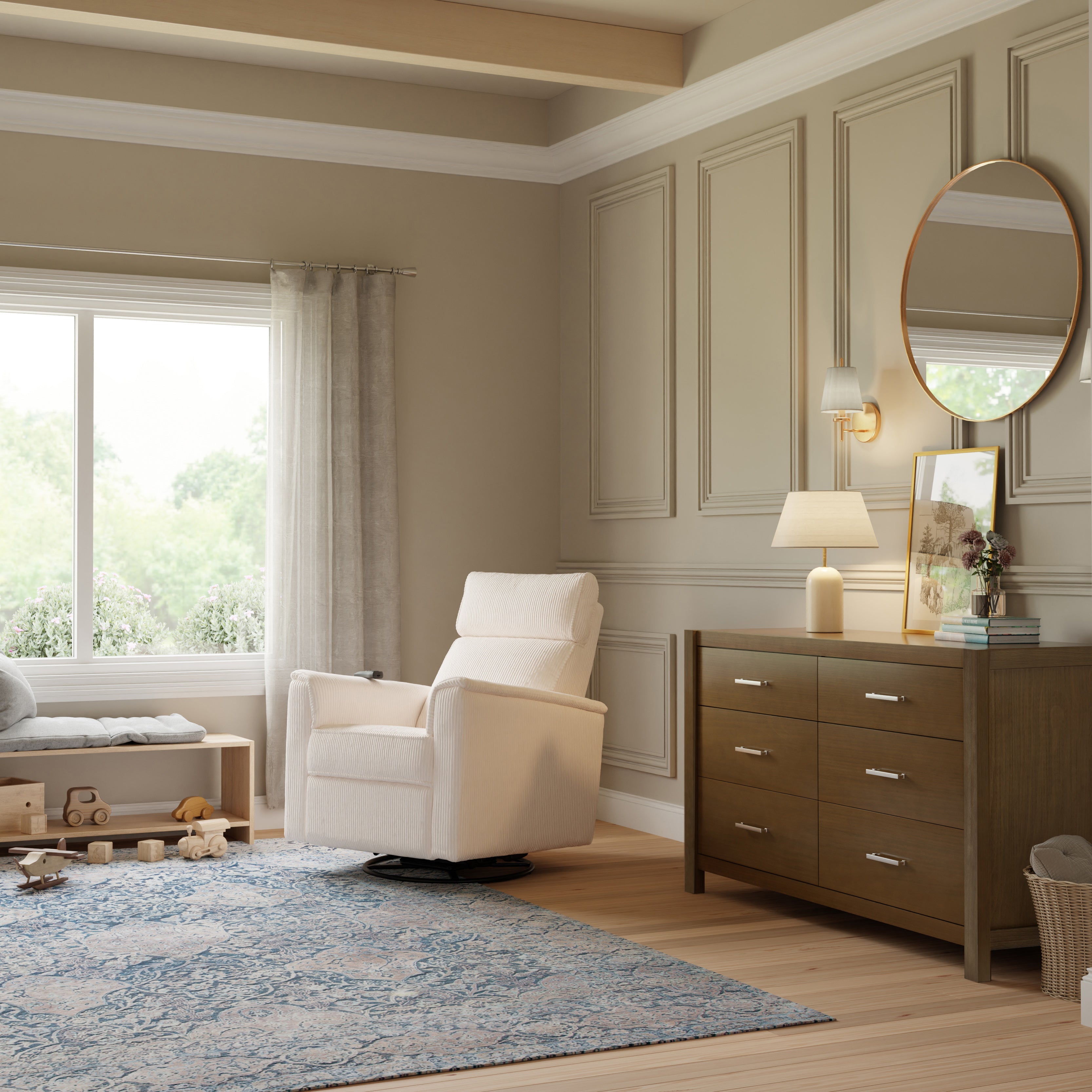 Monogram by Namesake Willa Deluxe Power Recliner and Swivel Glider with Heat + Massage | Ivory Corduroy Recliners Namesake