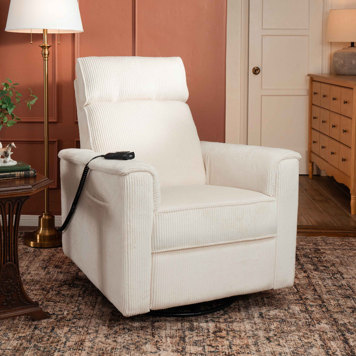 Monogram by Namesake Willa Deluxe Power Recliner and Swivel Glider with Heat + Massage | Ivory Corduroy Recliners Namesake