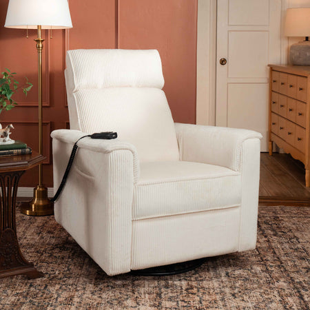 Monogram by Namesake Willa Deluxe Power Recliner and Swivel Glider with Heat + Massage | Ivory Corduroy Recliners Namesake