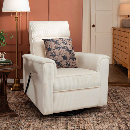 Monogram by Namesake Willa Deluxe Power Recliner and Swivel Glider with Heat + Massage | Ivory Corduroy Recliners Namesake