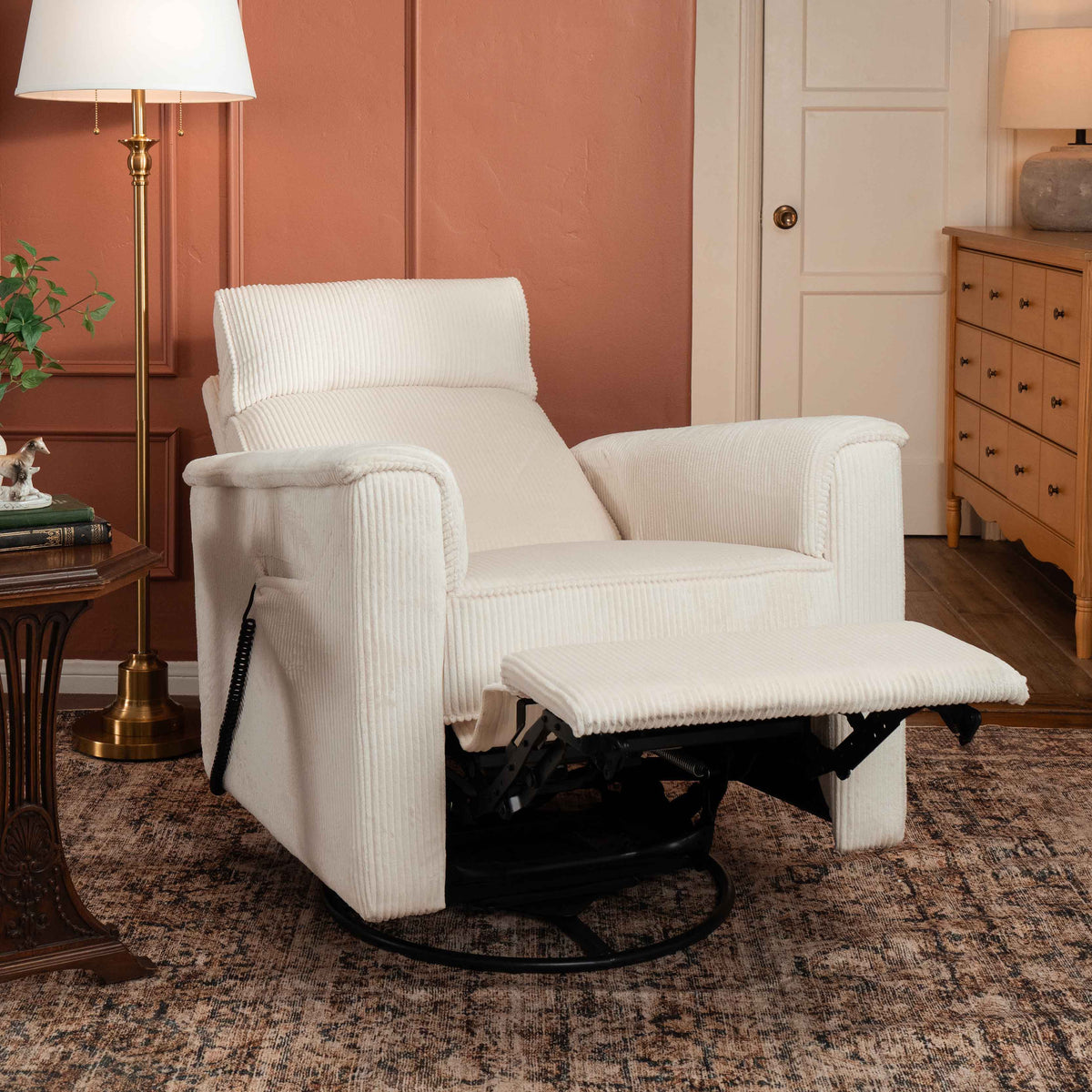 Monogram by Namesake Willa Deluxe Power Recliner and Swivel Glider with Heat + Massage | Ivory Corduroy Recliners Namesake