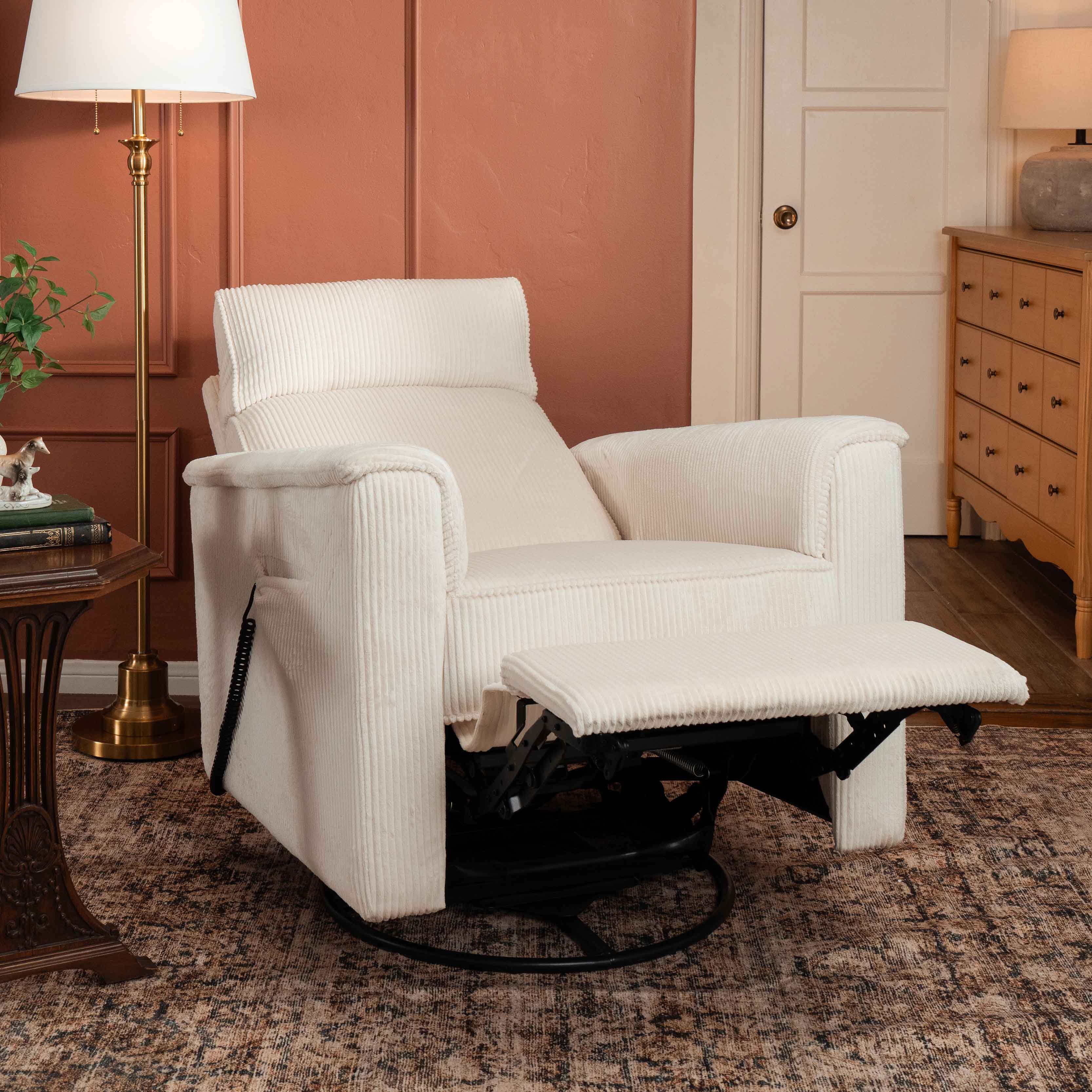 Monogram by Namesake Willa Deluxe Power Recliner and Swivel Glider with Heat + Massage | Ivory Corduroy Recliners Namesake