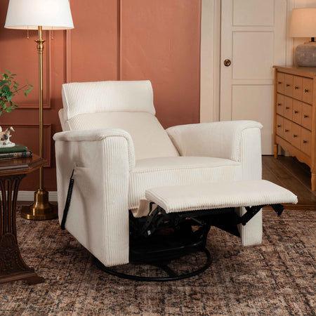Monogram by Namesake Willa Deluxe Power Recliner and Swivel Glider with Heat + Massage | Ivory Corduroy Recliners Namesake