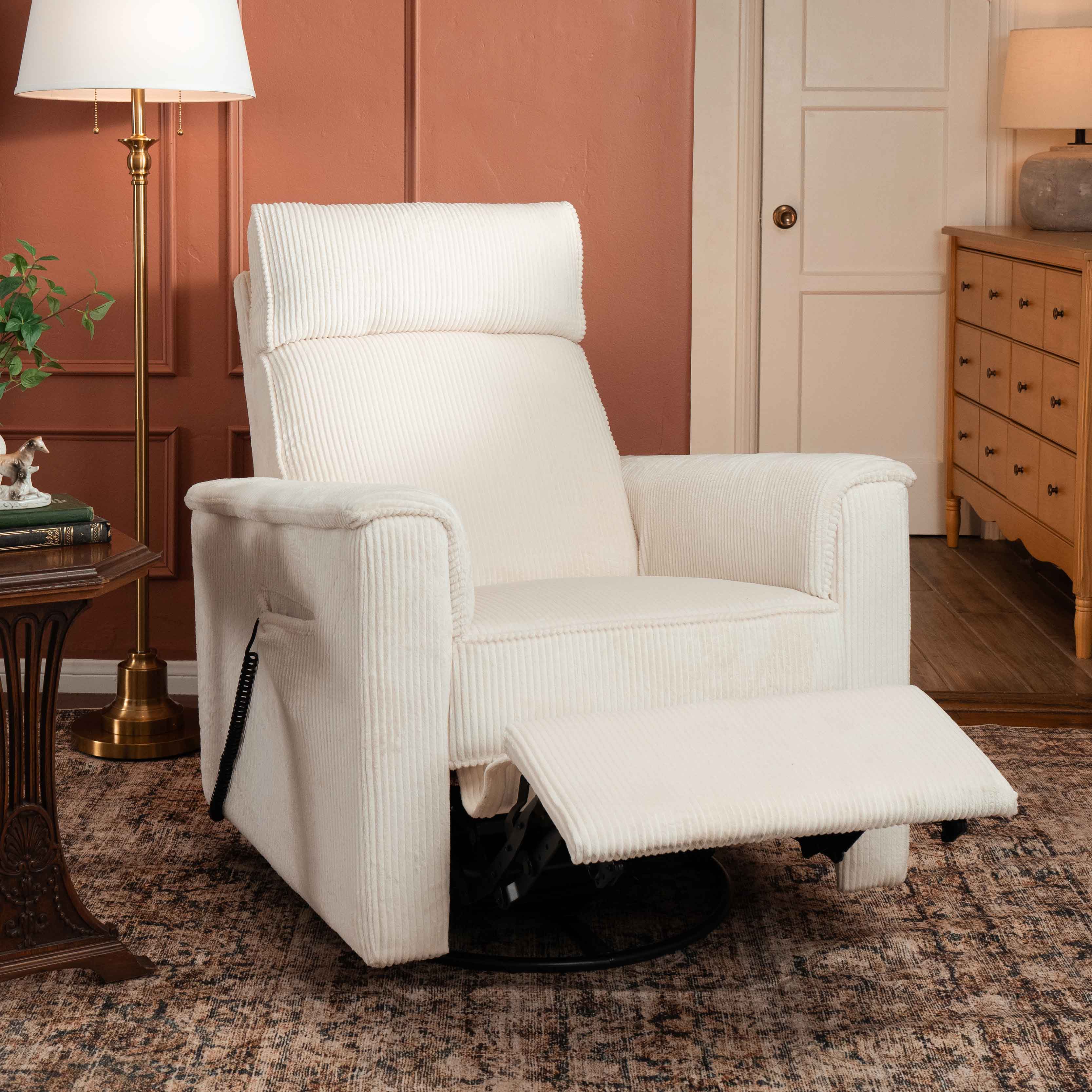 Monogram by Namesake Willa Deluxe Power Recliner and Swivel Glider with Heat + Massage | Ivory Corduroy Recliners Namesake